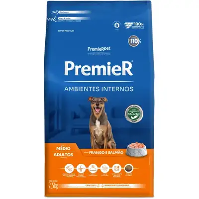 Premier Pet Ambientes Internos Frango e Salmão para Cães Adultos Médio Porte